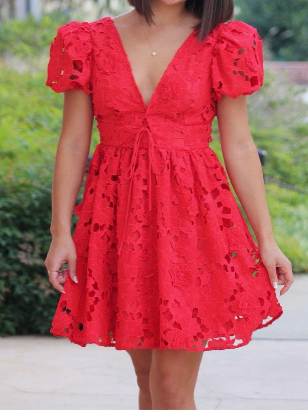 Altar'd State Red Lace V-Neck Puff Sleeve Mini Dress